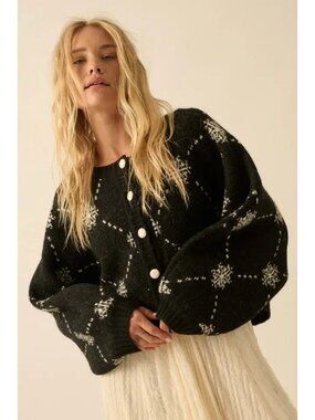 Snowflake diamond pattern knit cardigan sweater black oversized long sleeve NEW